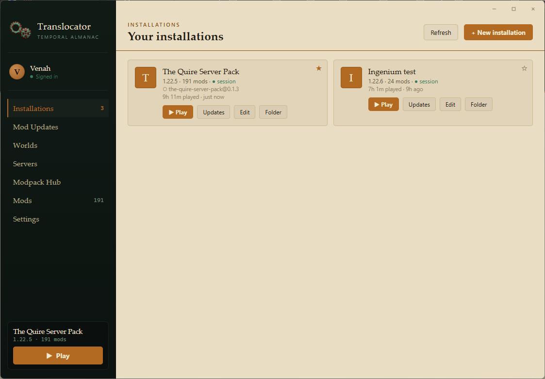 The launcher's Installations page, listing two Vintage Story installations with their game version, mod count and play time, each with Play, Updates, Edit and Folder buttons.