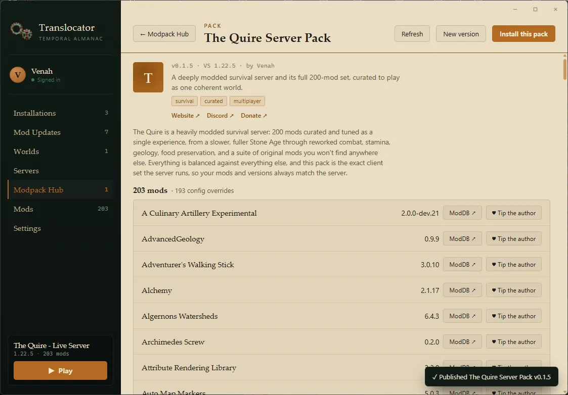 A published pack in the launcher: The Quire Server Pack, version 0.1.5 for Vintage Story 1.22.5, with 203 mods and 193 config overrides listed one per row, each row carrying a link to the mod's page and a Tip the author button.