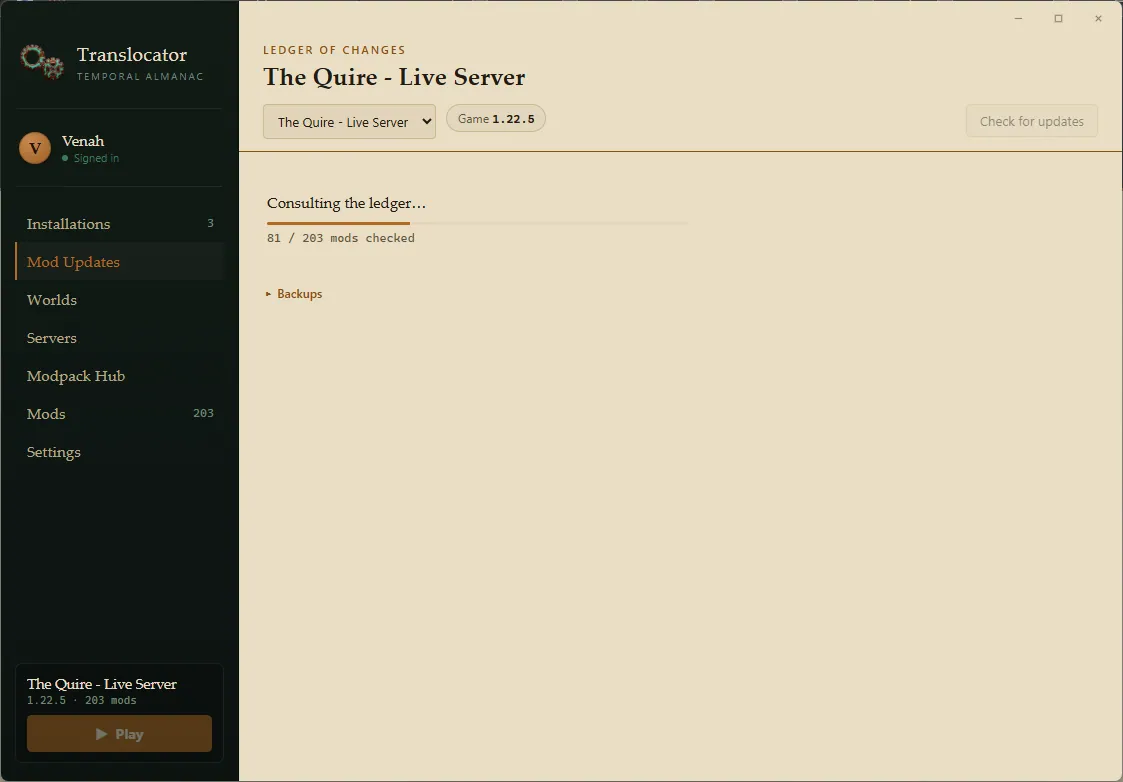 The launcher checking an installation against the Mod Database, showing progress at 81 of 203 mods checked.