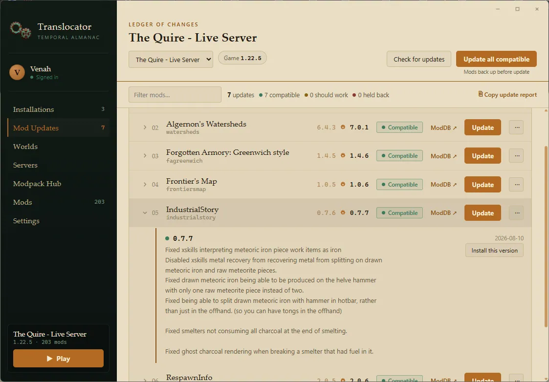 One update expanded to show the author's release notes for that exact version, dated, with a button to install that specific version.